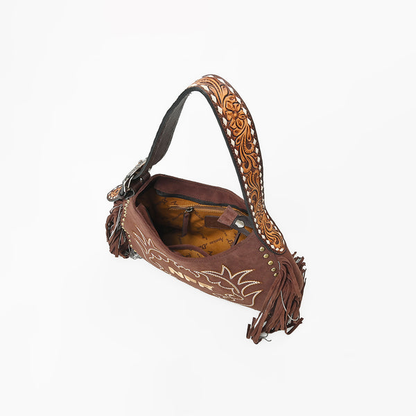 Official PRCA & NFR Licensed Collection® Brown Suede Gold Embroidered Long Fringe Hobo Shoulder Bag