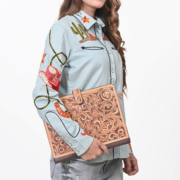ADBG1040 American Darling Hand-Tooled Floral Genuine Leather Western Portfolio Bag