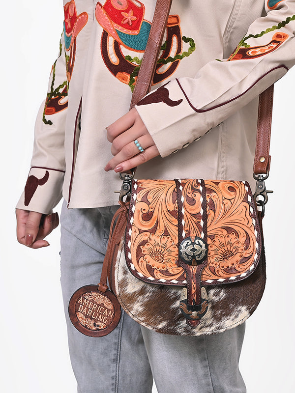 ADBG1222 American Darling Hand-Tooled Hair-On Cowhide Genuine Leather Western Crossbody Bag