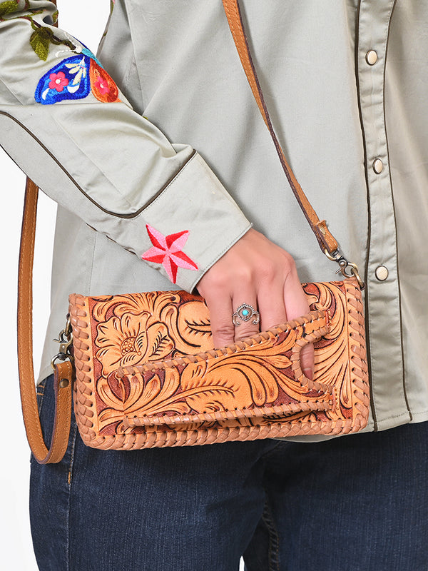 ADBG1228 American Darling Western Hand-Tooled Leather Clutch Bag with Floral Carving