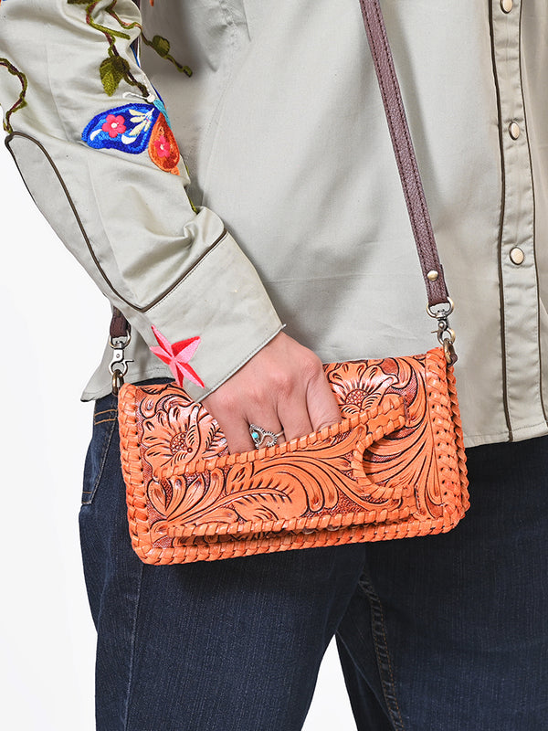 ADBG1228 American Darling Western Hand-Tooled Leather Clutch Bag with Floral Carving
