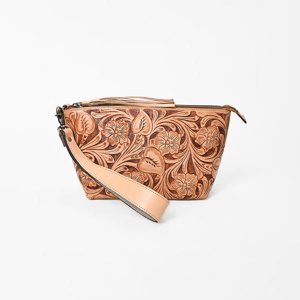 ADBG1234 American Darling Hand-Tooled Western Leather Wristlet Bag - Genuine Floral Carved Women Clutch