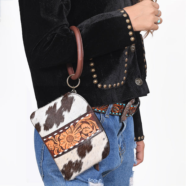 ADBG1287 American Darling Hair-on Cowhide Hand-Tooled Clutch Bag -O-Ring Western Wristlet