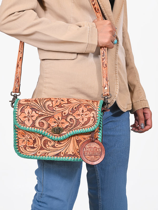 ADBG1475 American Darling Western Genuine Leather Small Cross Body Bag with Hand-Tooled Floral Design