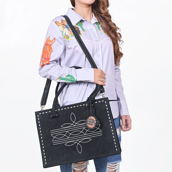 ADBG1553 American Darling Western Genuine Suede Leather Tote Bag with Buck Stitching | Handcrafted Everyday Tote