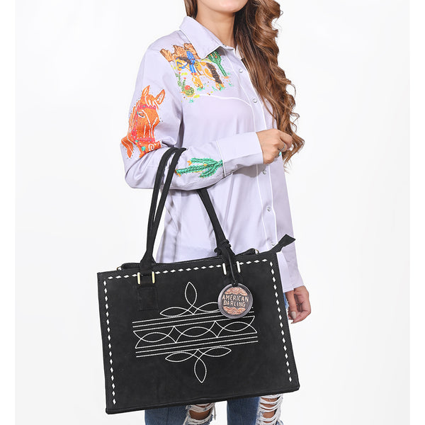 ADBG1553 American Darling Western Genuine Suede Leather Tote Bag with Buck Stitching | Handcrafted Everyday Tote