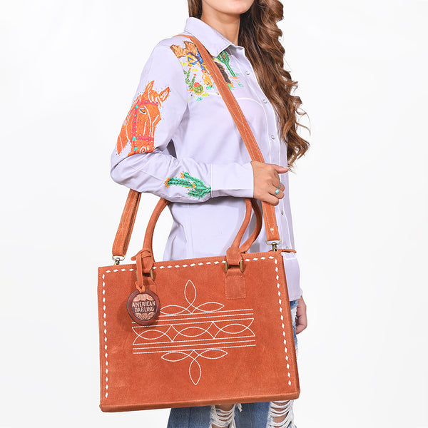 ADBG1553 American Darling Western Genuine Suede Leather Tote Bag with Buck Stitching | Handcrafted Everyday Tote