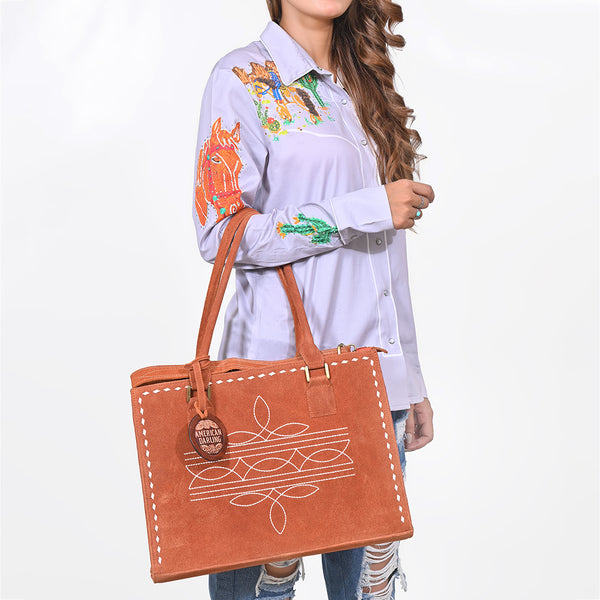 ADBG1553 American Darling Western Genuine Suede Leather Tote Bag with Buck Stitching | Handcrafted Everyday Tote