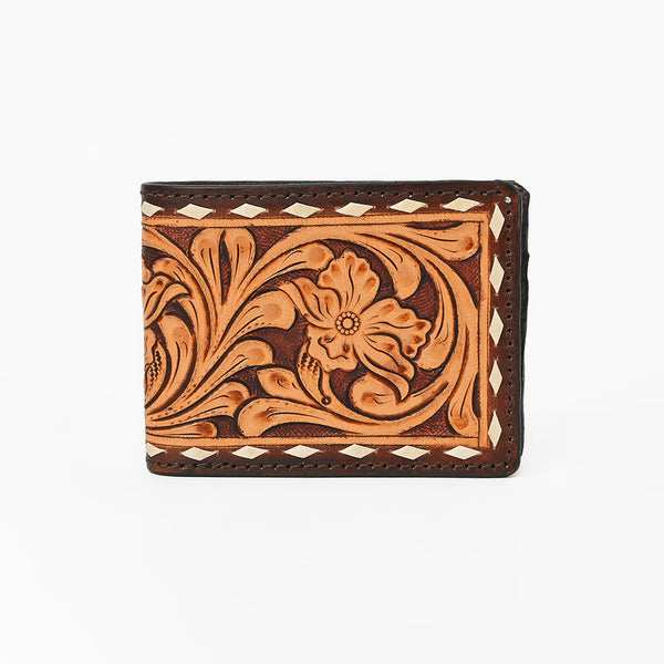 ADBG1592 American Darling Hand-Tooled Leather Wallet Hand Bag with Western Buck Stitching & Floral Detailing