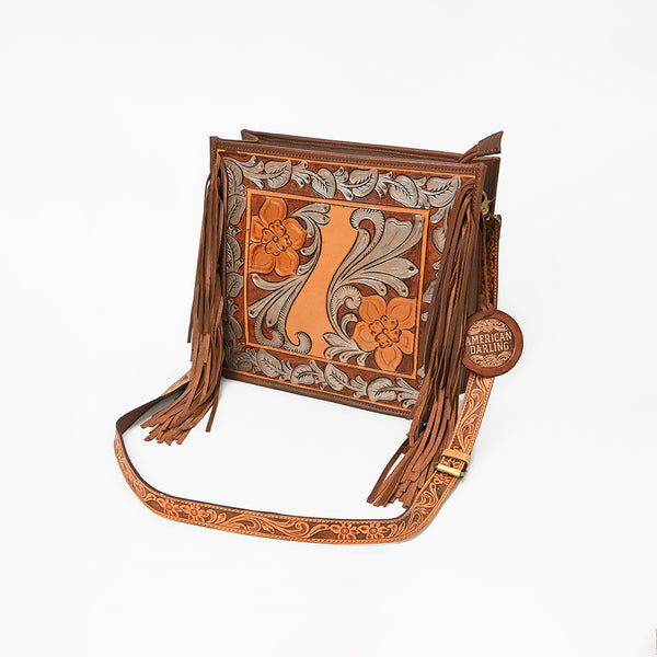 ADBG1632 American Darling Hand-Tooled Leather Cross Body Bag with Floral Carving, Fringes & Western Detailing