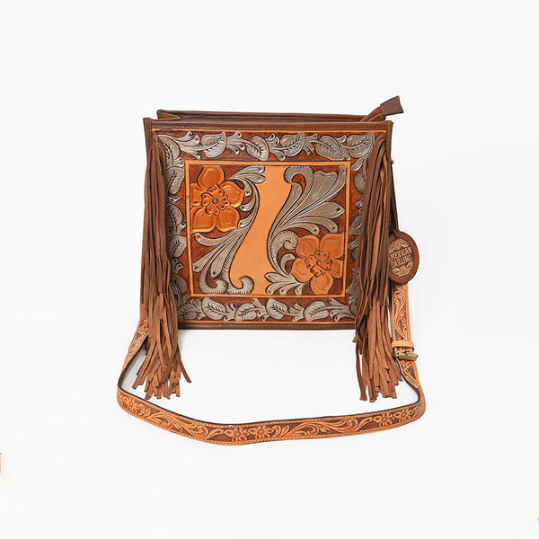 ADBG1632 American Darling Hand-Tooled Leather Cross Body Bag with Floral Carving, Fringes & Western Detailing