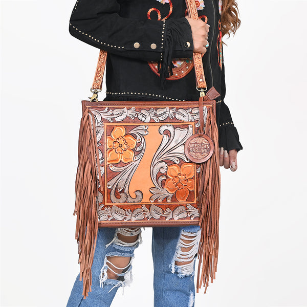 ADBG1632 American Darling Hand-Tooled Leather Cross Body Bag with Floral Carving, Fringes & Western Detailing