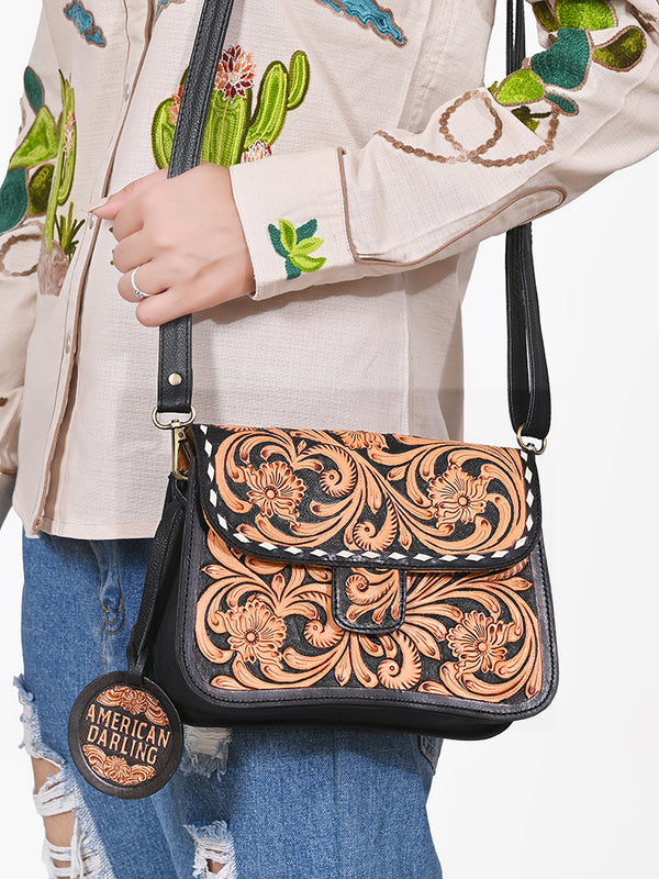 ADBG1734 American Darling Western Leather Small Cross body Bag with Hand Tooled Floral Carving