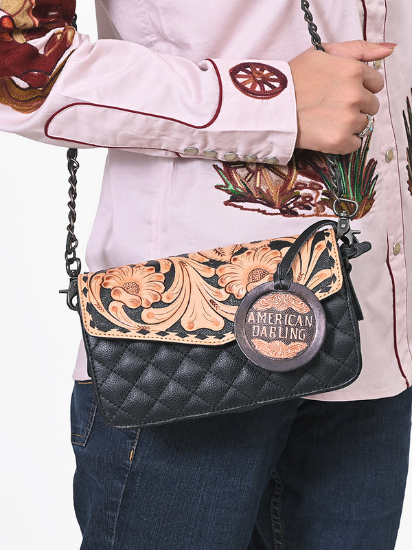ADBG1782 American Darling Hand-Tooled Floral Small Cross body Bag - Quilted Western Leather Purse
