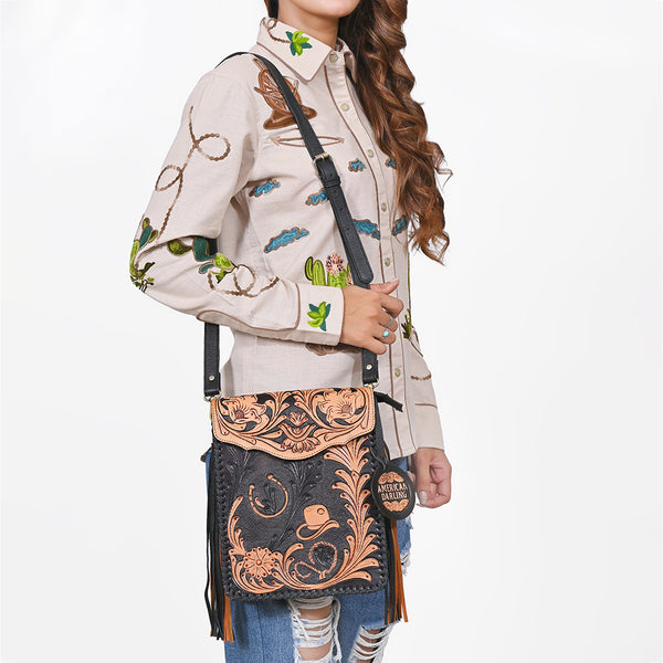 ADBGA1121 American Darling Floral Hand Tooled Leather Fringe Crossbody Purse