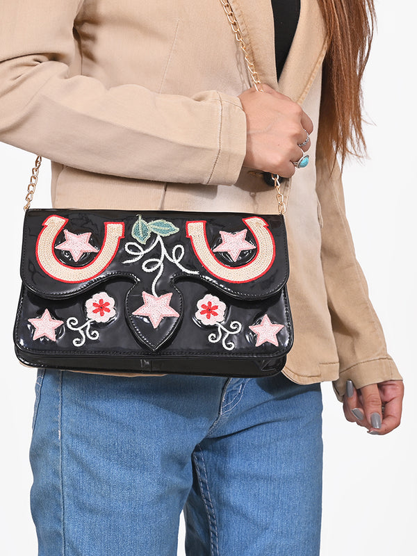 ADBGA1247 American Darling Western Horseshoe Embroidered Genuine Leather Crossbody