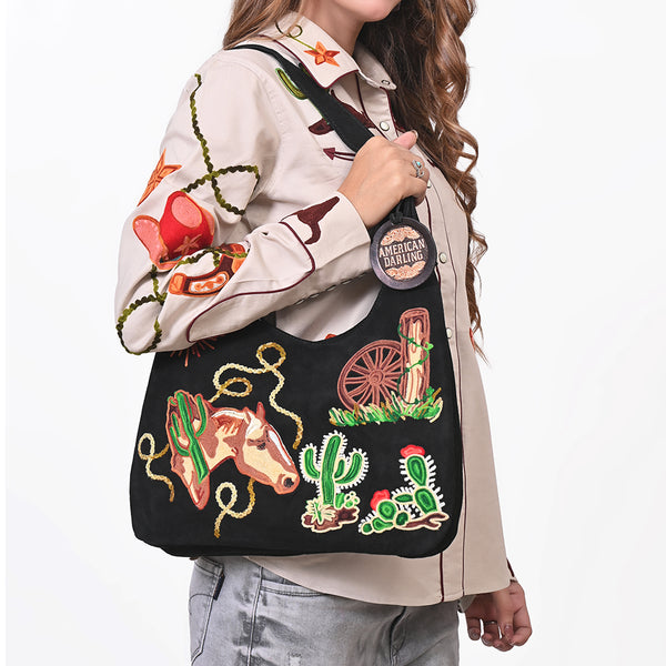 ADBGA1248B American Darling Genuine Suede Embroidered Western Hobo Black Shoulder Bag