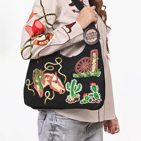 ADBGA1248B American Darling Genuine Suede Embroidered Western Hobo Black Shoulder Bag