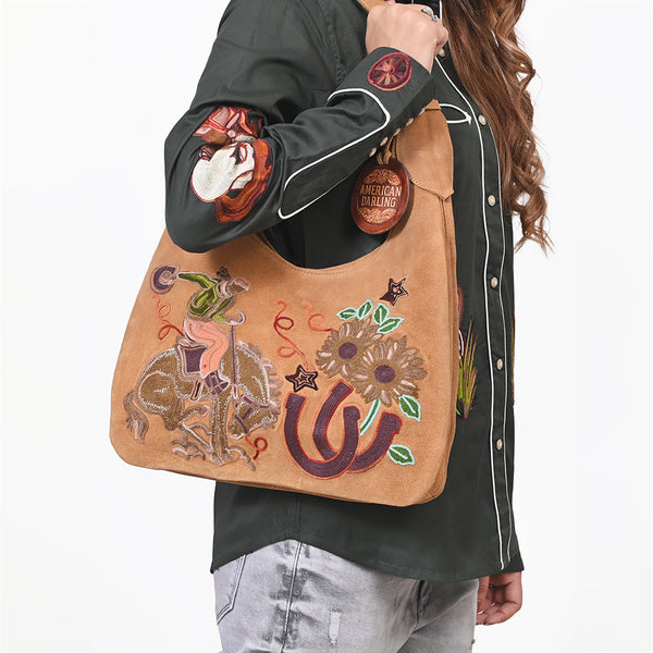 ADBGA1248E American Darling Genuine Suede Embroidered Western Hobo Tan Shoulder Bag