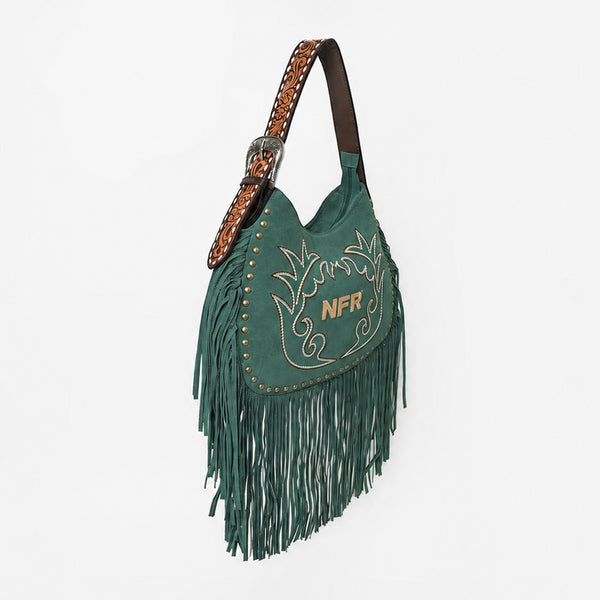 Official PRCA & NFR Licensed Collection® Premium Green Suede Western Fringe Crescent Hobo Shoulder Bag