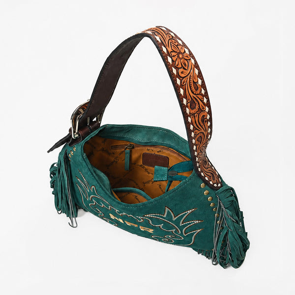 Official PRCA & NFR Licensed Collection® Premium Green Suede Western Fringe Crescent Hobo Shoulder Bag