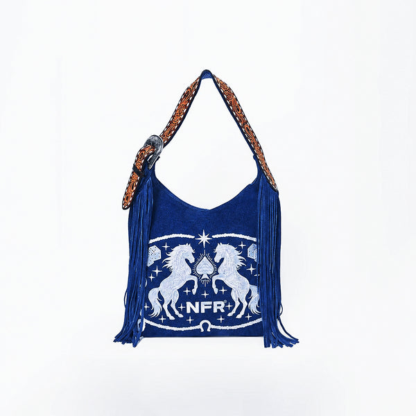 Official PRCA & NFR Licensed Collection® Floral Hand-Tooled Leather Strap Equestrian Graphic Fringe Shoulder Bag