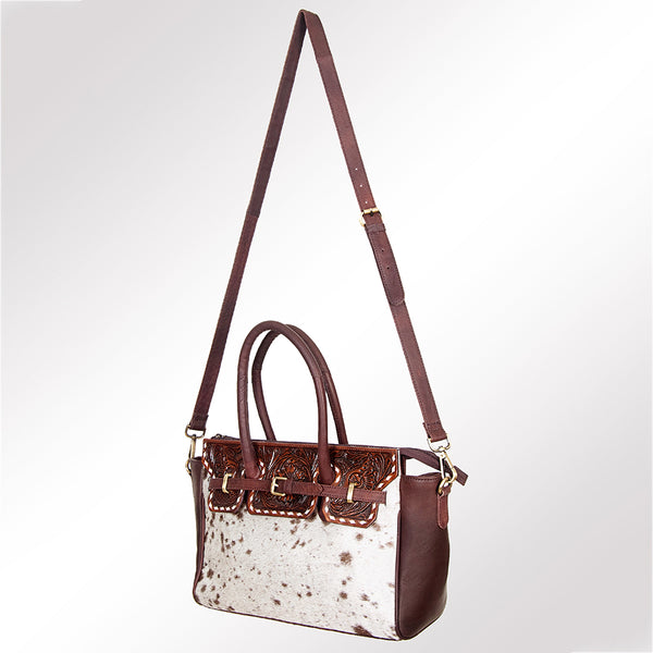 ADBGI151 Studded Hair-On Hide Tooled Leather Satchel - Western Cowgirl Handbag