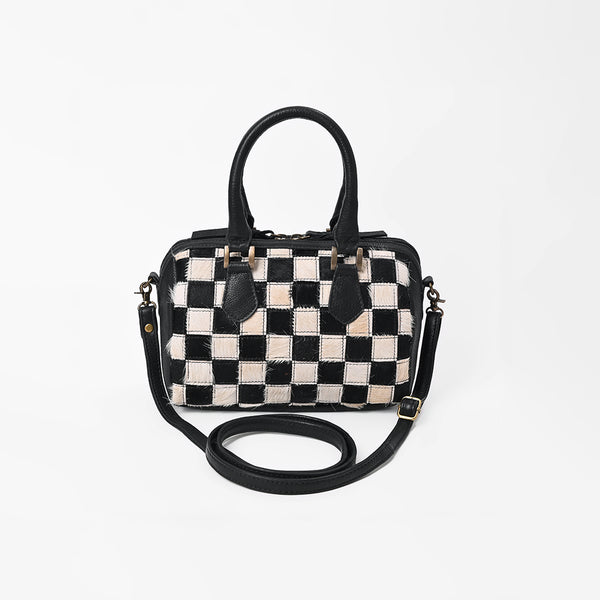 American Darling Genuine Leather & Hair-On-Hide Black Checkerboard Speedy Bag