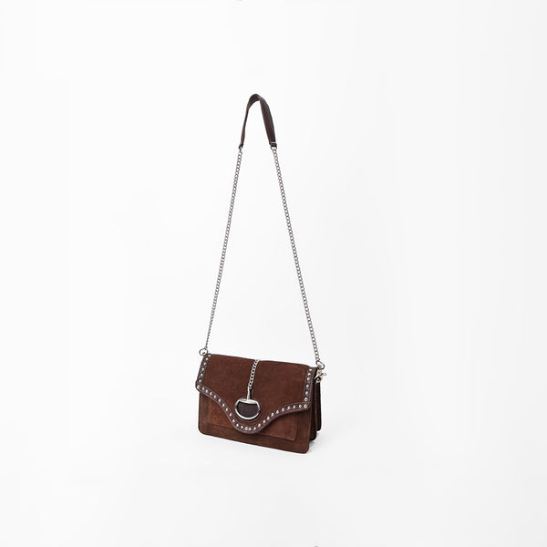 American Darling Genuine Leather & Suede Dark Brown Studded Chain Crossbody Bag