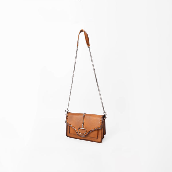American Darling Genuine Leather Cognac Tan Studded Chain Crossbody Bag