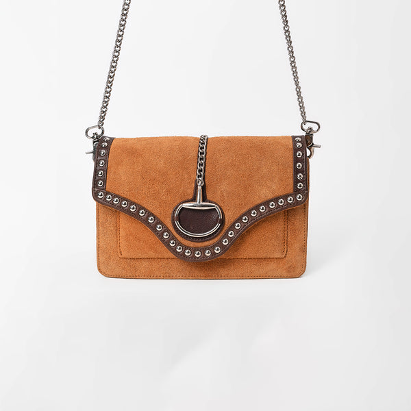 American Darling Genuine Leather & Suede Tan Studded Chain Crossbody Bag