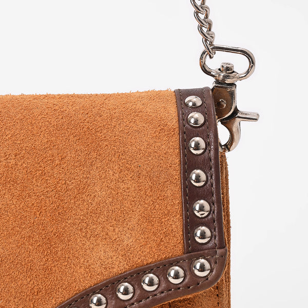 American Darling Genuine Leather & Suede Tan Studded Chain Crossbody Bag