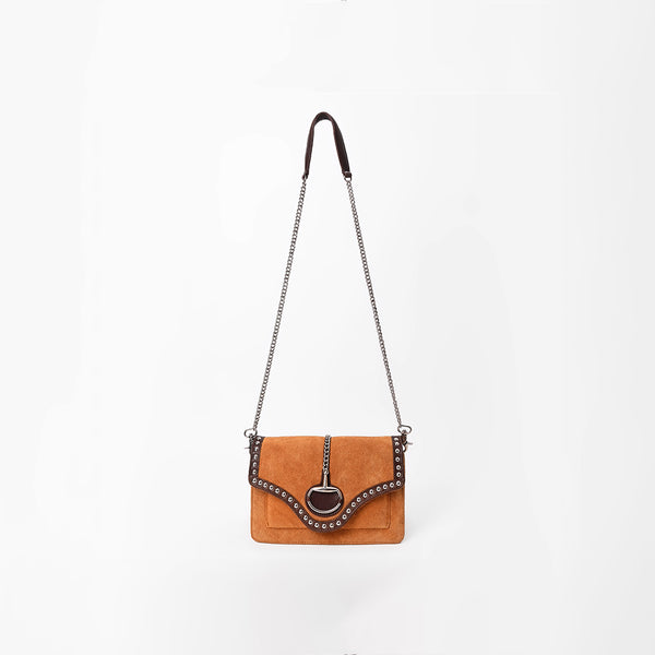 American Darling Genuine Leather & Suede Tan Studded Chain Crossbody Bag