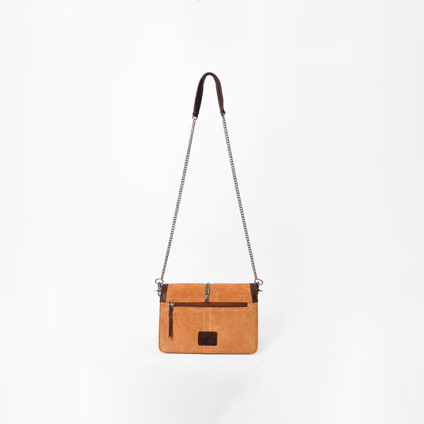 American Darling Genuine Leather & Suede Tan Studded Chain Crossbody Bag