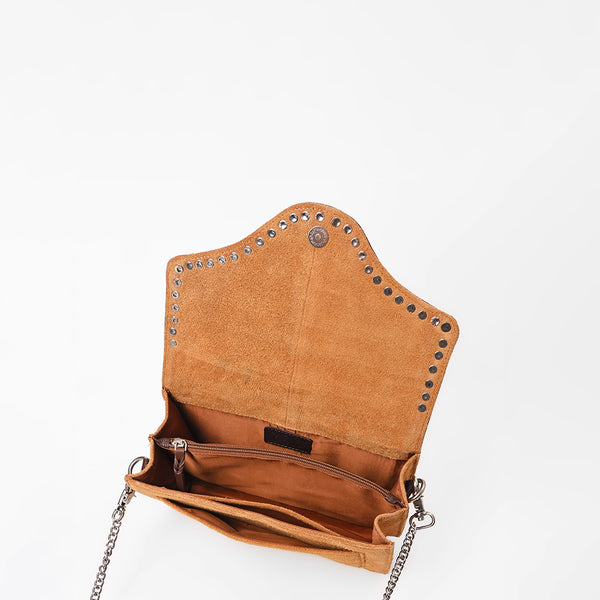 American Darling Genuine Leather & Suede Tan Studded Chain Crossbody Bag