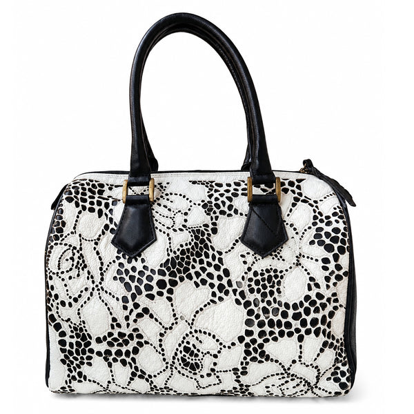 ADBGM1144 American Darling Genuine Leather Black & White Lace Print Floral Speedy Satchel Bag