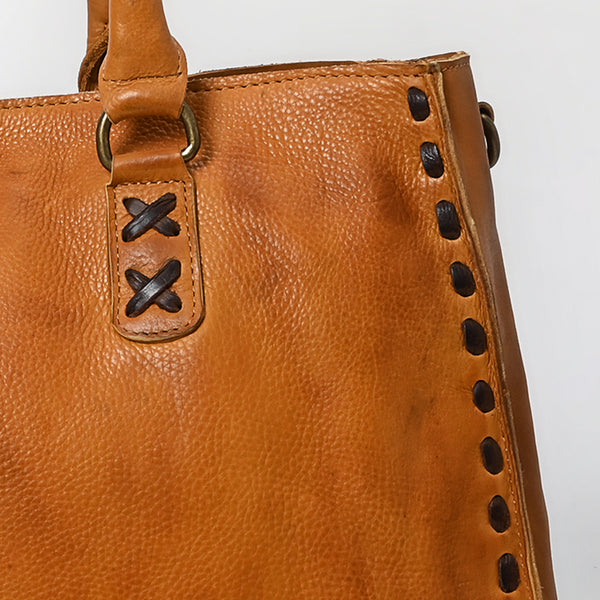 ADBGM127 Distressed Leather Tote Bag - Western Whipstitch Handbag with Crossbody Strap