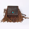 ADBGM346 Dark Brown Leather Crossbody Bag with Turquoise Concho - Handmade Western Braided Flap Purse
