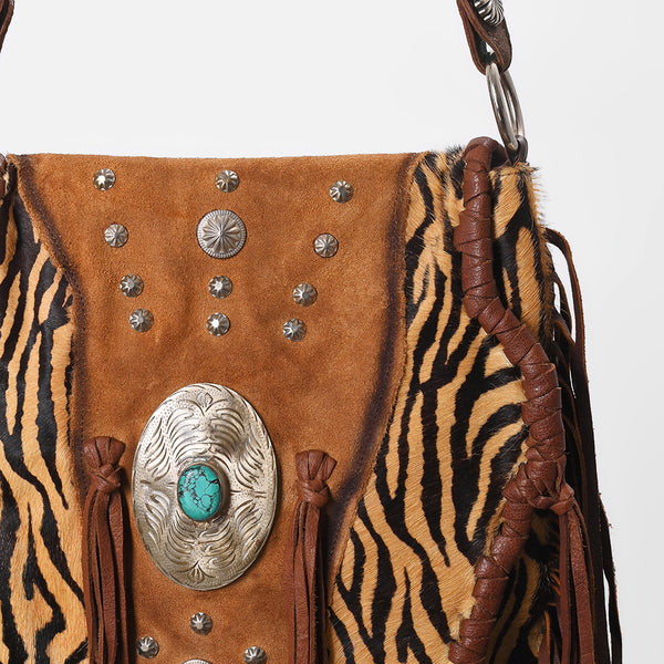 ADBGM477 Cowhide & Leather Western Fringe Messenger Bag - Western Concho Bag with Turquoise Accent