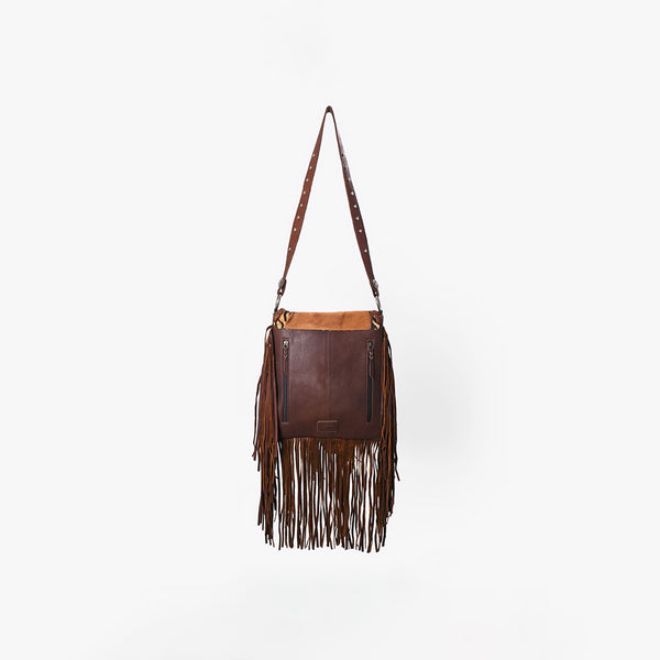 ADBGM477 Cowhide & Leather Western Fringe Messenger Bag - Western Concho Bag with Turquoise Accent
