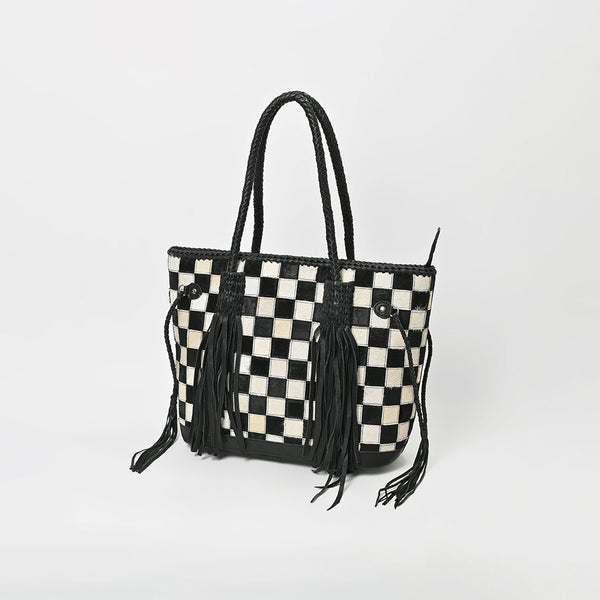ADBGM738 American Darling Checkered Hair-on Leather Tote Bag with Fringe Trim