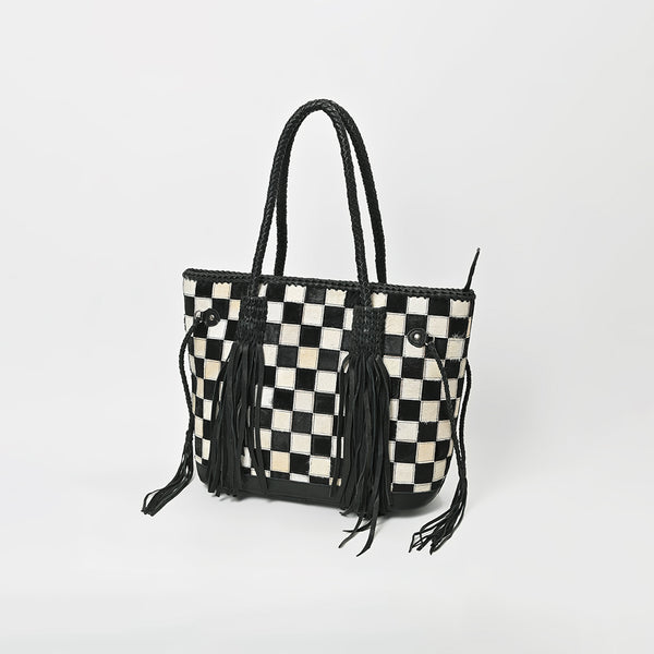 ADBGM738 American Darling Checkered Hair-on Leather Tote Bag with Fringe Trim