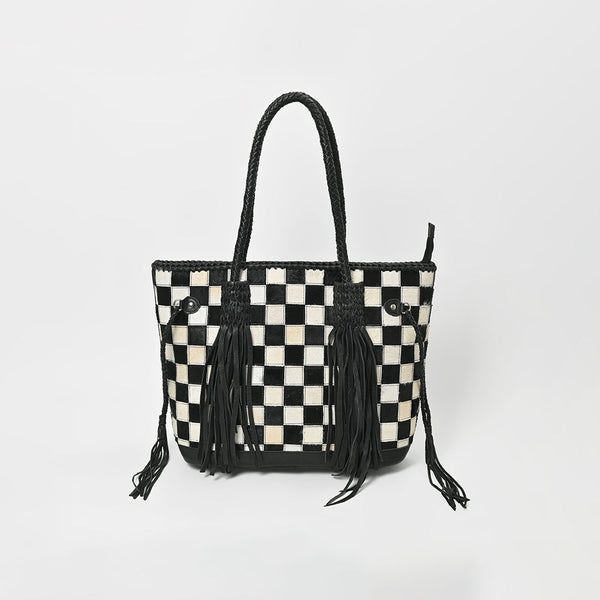 ADBGM738 American Darling Checkered Hair-on Leather Tote Bag with Fringe Trim