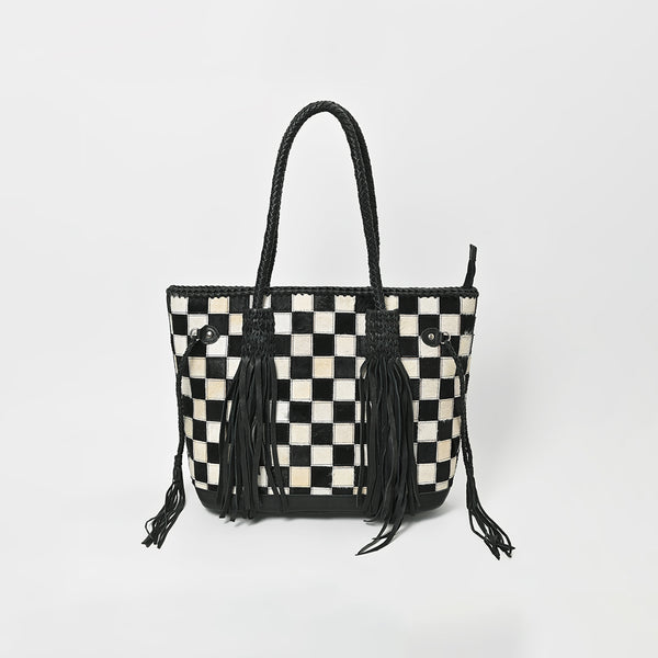 ADBGM738 American Darling Checkered Hair-on Leather Tote Bag with Fringe Trim