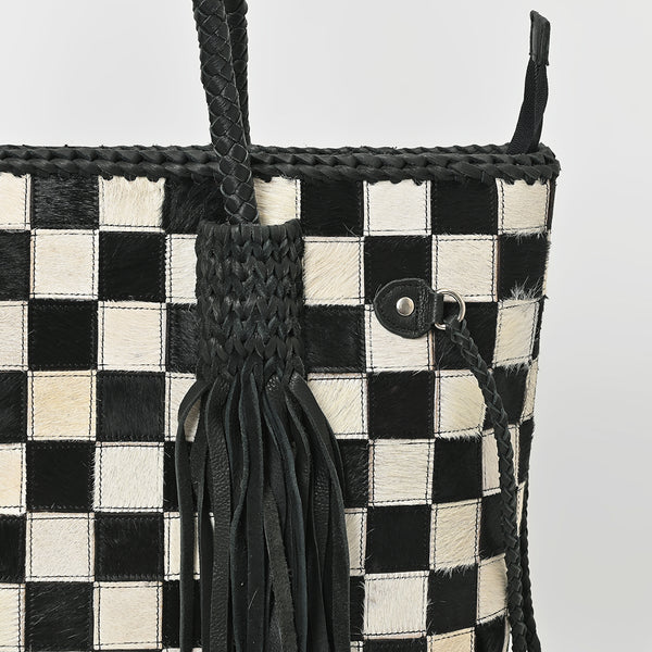 ADBGM738 American Darling Checkered Hair-on Leather Tote Bag with Fringe Trim
