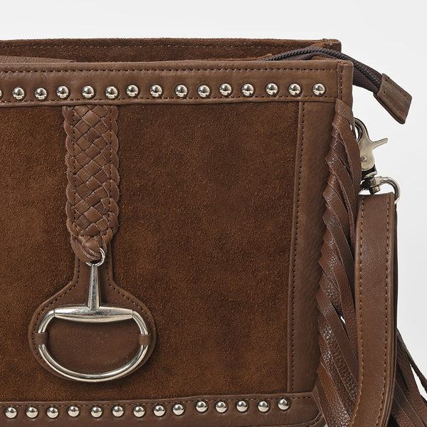 ADBGM970 American Darling Leather Studded Horsebit Fringe Crossbody Bag