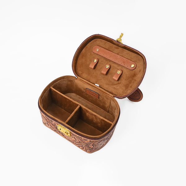 ADBGZ1016 American Darling Hand-Tooled Floral Leather Tan Vanity Jewellery Case