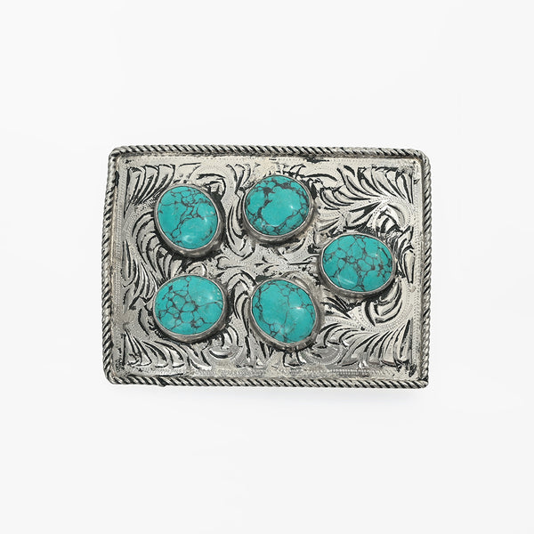 ADBKA105 Belt Buckle Engraved Brass Turquoise Rhinestone Scrollwork