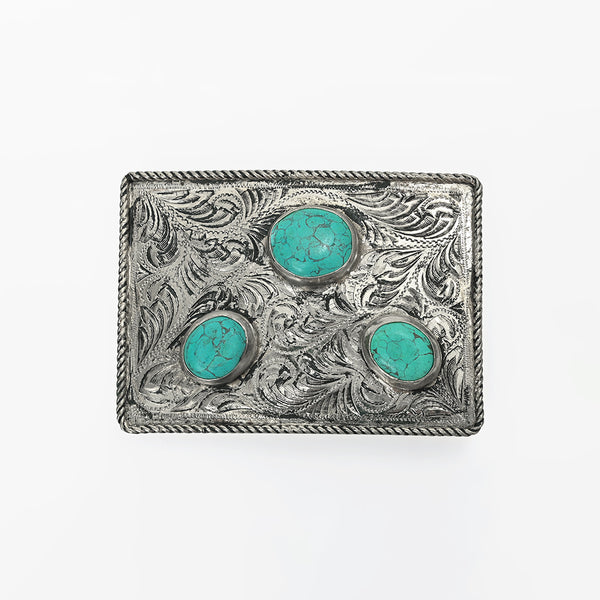 ADBKA106 Belt Buckle Engraved Brass Turquoise Rhinestone Scrollwork