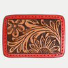 ADBLF103-BU Tooled Leather Floral Belt Buckle with Red Trim